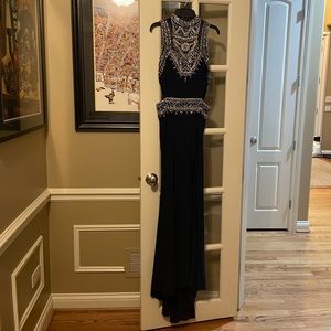 Rachel Allan Blue Prom Dress with Jeweled Embellishments